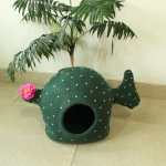 Handmade green cactus design felt cat house with pink flower