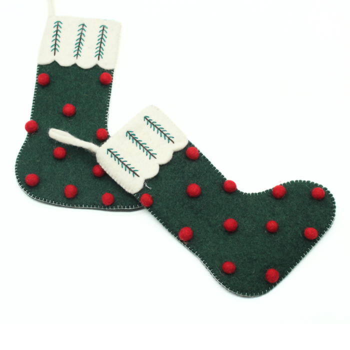 Handmade Felt Green Christmas Stocking with Red Cherry - Image 2