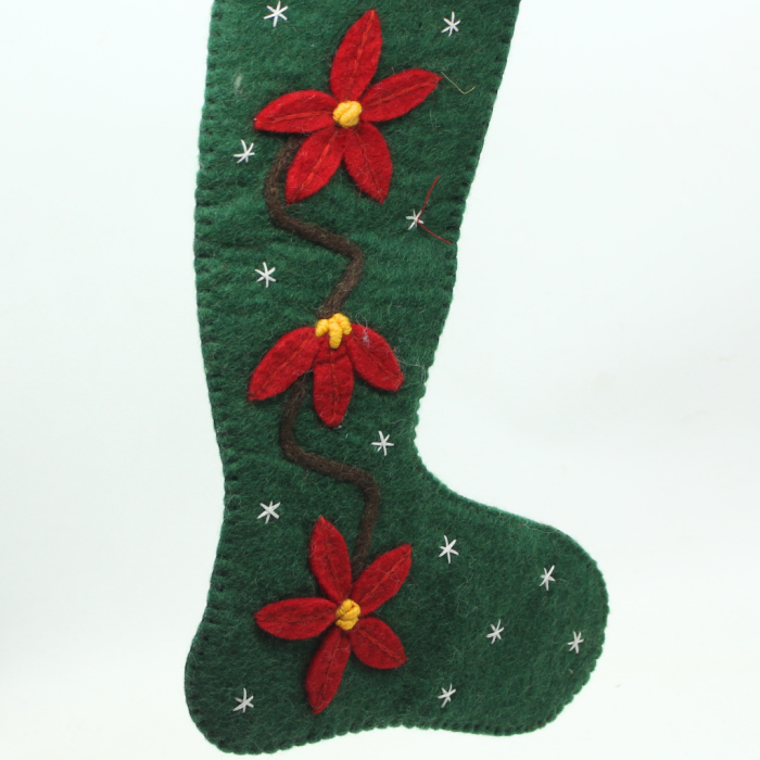 Handmade Felt Green Christmas Stocking with Flower Design - Image 2