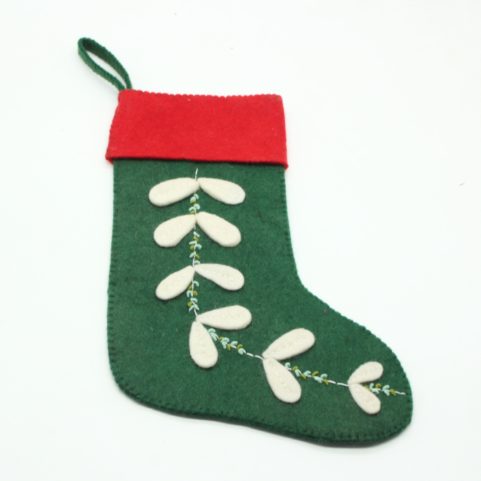 Handmade Felt Green Christmas Stocking with White Leaf Design - Image 4