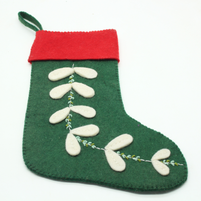 Handmade Felt Green Christmas Stocking with White Leaf Design - Image 3