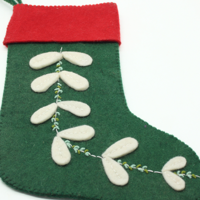 Handmade Felt Green Christmas Stocking with White Leaf Design - Image 2
