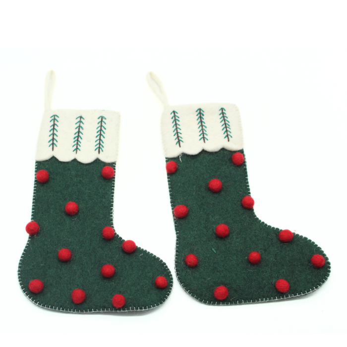 Handmade Felt Green Christmas Stocking with Red Cherry - Image 6