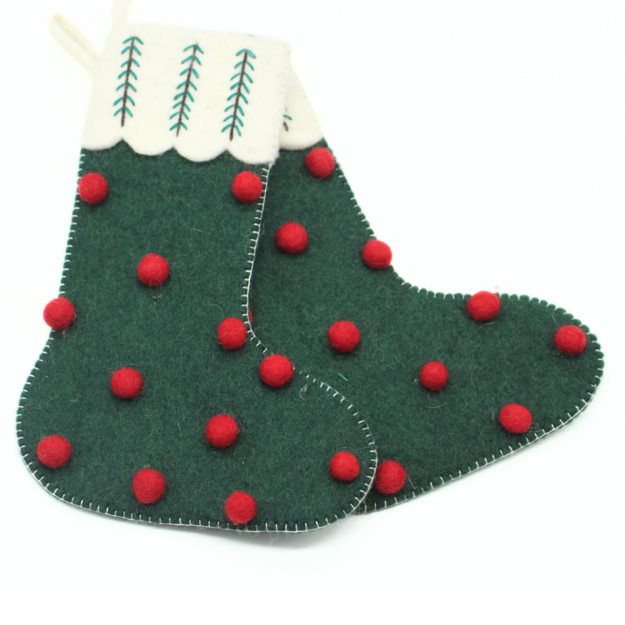 Handmade Felt Green Christmas Stocking with Red Cherry - Image 5