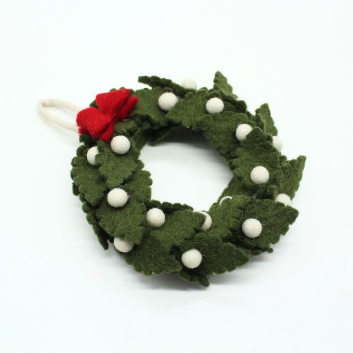 Handcrafted Felt Christmas Green Leaf Wreath with Red Bow and Snowy White Berries - Image 5