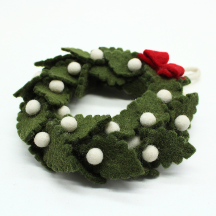 Handcrafted Felt Christmas Green Leaf Wreath with Red Bow and Snowy White Berries - Image 3