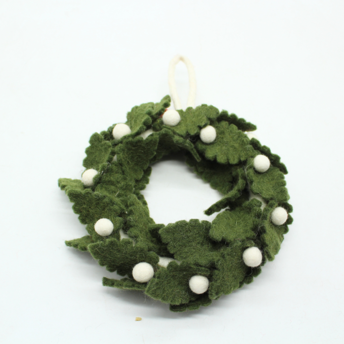 Handcrafted Felt Christmas Green Leaf Wreath with Red Bow and Snowy White Berries - Image 2