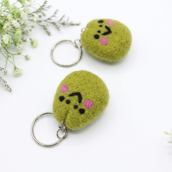 Handmade Felt Cute Smiley Face Green Keychain Crafted from 100% Natural Wool - Image 2
