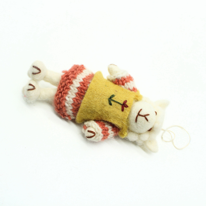 Handmade white Sheep with a Striped Dress and Yellow Vest - Image 3