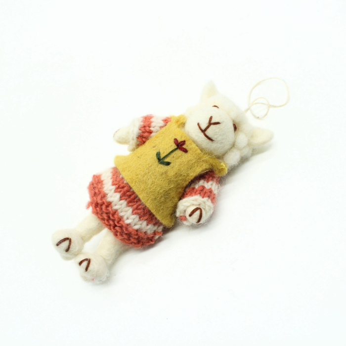 Handmade white Sheep with a Striped Dress and Yellow Vest - Image 2