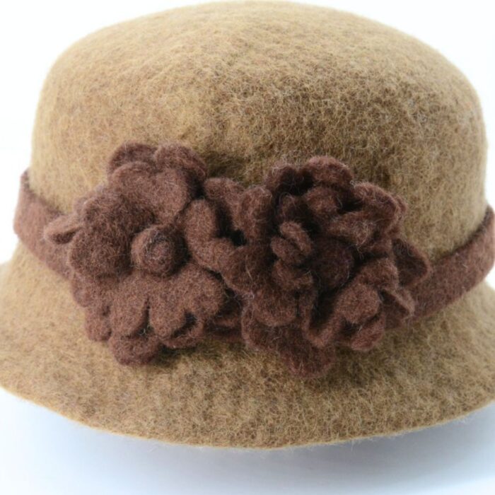 Handmade Wool Felt Light Brown Hat with Dark Brown Flower - Image 3
