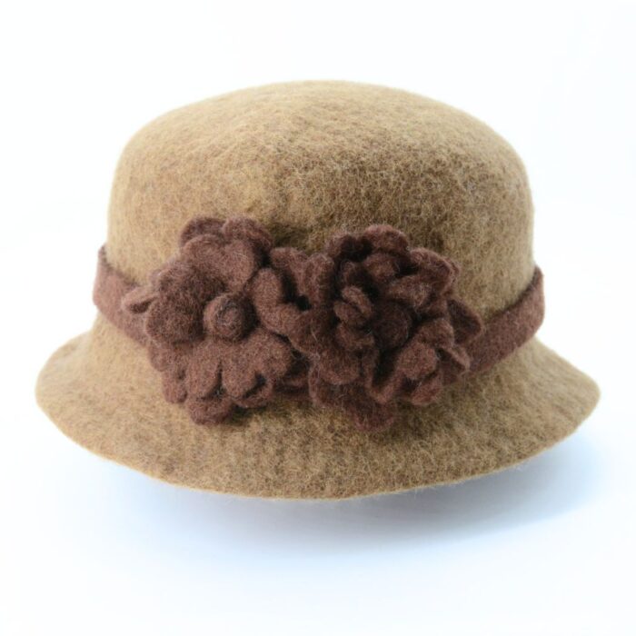 Handmade Wool Felt Light Brown Hat with Dark Brown Flower - Image 2