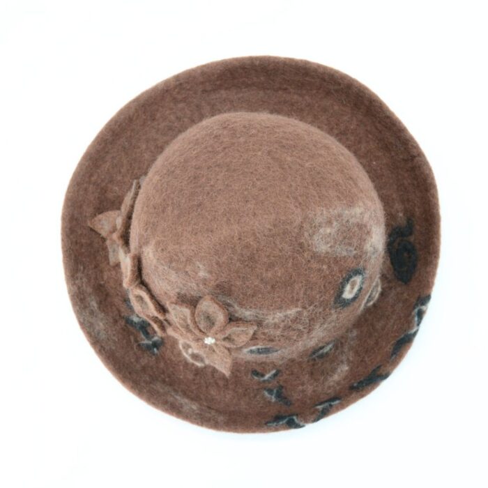 Handmade Felt Brown Wool Hat with Flower - Image 4