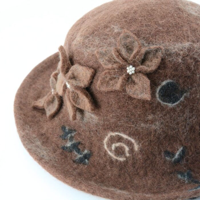 Handmade Felt Brown Wool Hat with Flower - Image 5