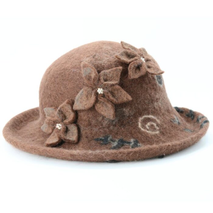 Handmade Felt Brown Wool Hat with Flower - Image 2