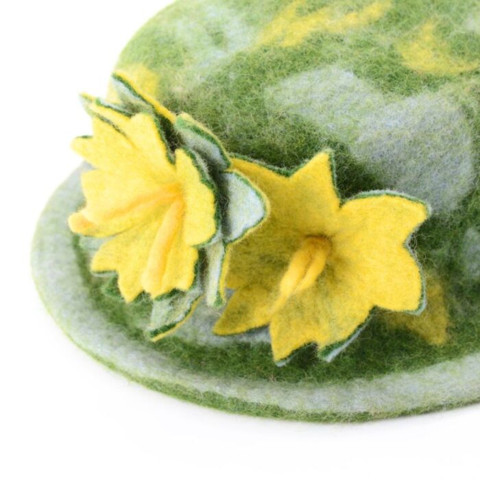 Handmade Wool Felt Moss Green Hat with Yellow Blossom Flowers - Image 4
