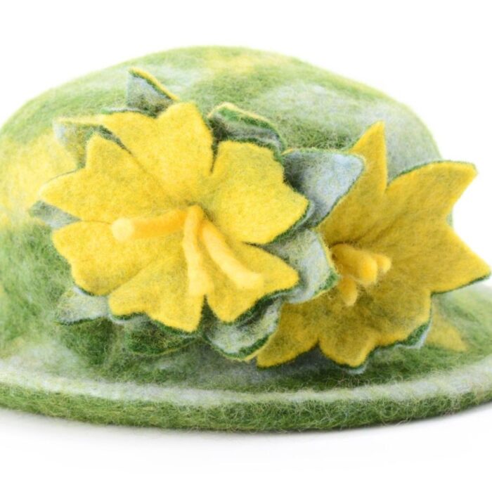 Handmade Wool Felt Moss Green Hat with Yellow Blossom Flowers - Image 3