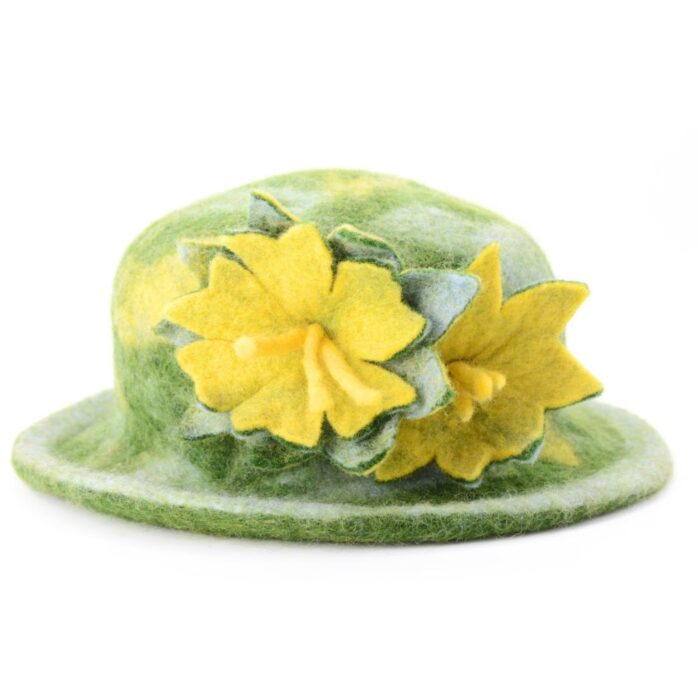 Handmade Wool Felt Moss Green Hat with Yellow Blossom Flowers - Image 2