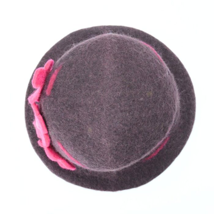 Handmade Brown Wool Felt Hat with Pink Flowers - Image 2