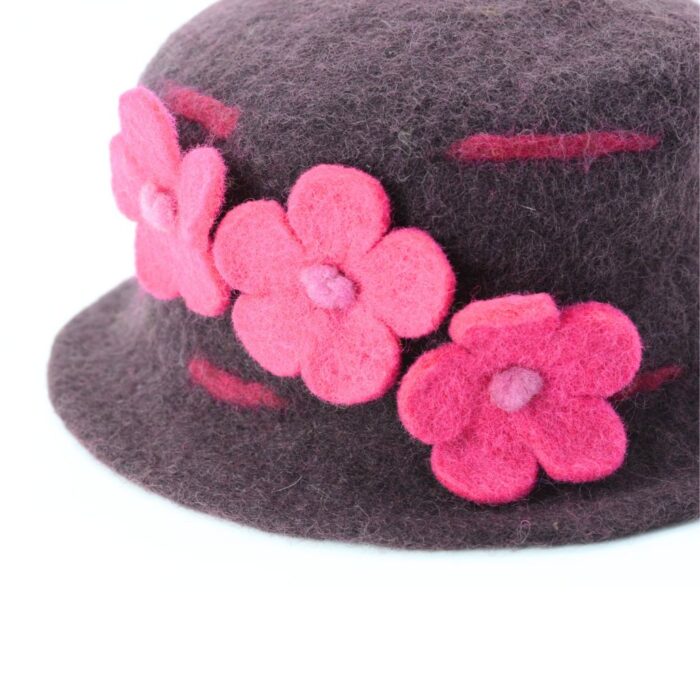 Handmade Brown Wool Felt Hat with Pink Flowers - Image 4