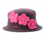Handmade Brown Wool Felt Hat with Pink Flowers