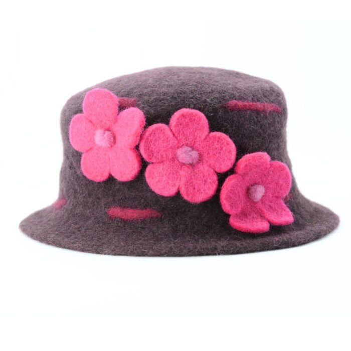Handmade Brown Wool Felt Hat with Pink Flowers - Image 5