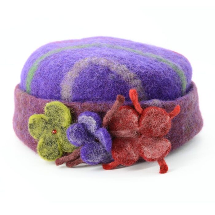 Handmade Felt Purple Floral Round Shaped Hat with Felted Clover Accents - Image 5