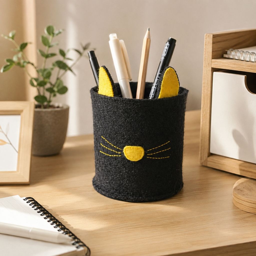 basket Cat Felt Pen Holder – Cute Desktop Organizer - Image 1