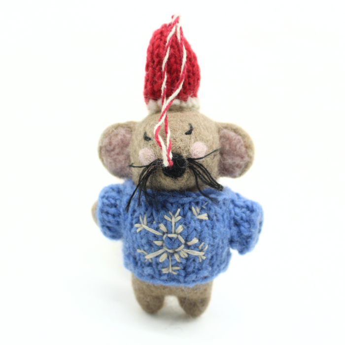 Handmade Felt Christmas Mouse Ornament with Blue Snowflake Sweater - Image 5