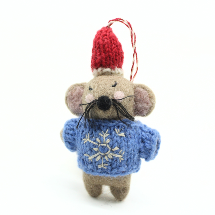 Handmade Felt Christmas Mouse Ornament with Blue Snowflake Sweater - Image 3