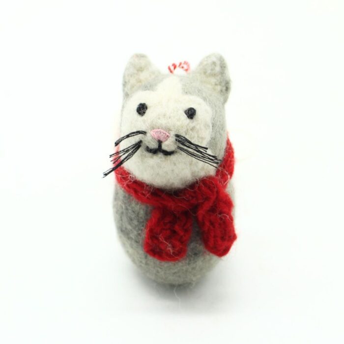 Handmade Felt Christmas Cat Ornament with Red Scarf - Image 3