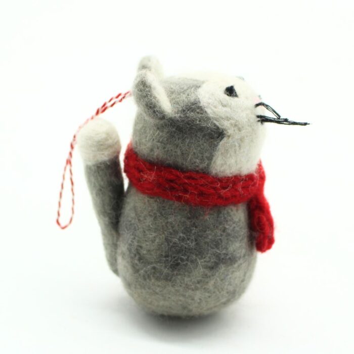 Handmade Felt Christmas Cat Ornament with Red Scarf - Image 5