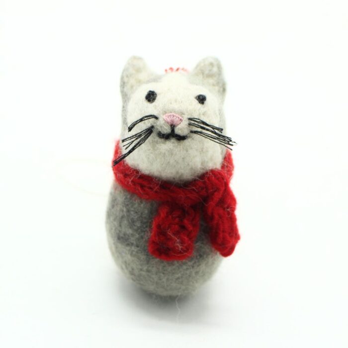 Handmade Felt Christmas Cat Ornament with Red Scarf - Image 2