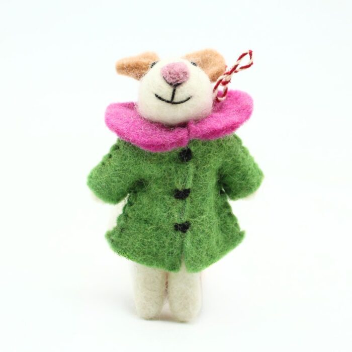Handmade Felt Christmas Mouse with Green Coat and Pink Collar - Image 4