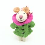 Handmade Felt Christmas Mouse with Green Coat and Pink Collar - Image 3