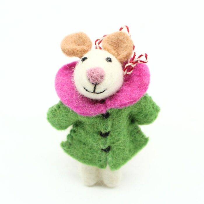 Handmade Felt Christmas Mouse with Green Coat and Pink Collar - Image 3