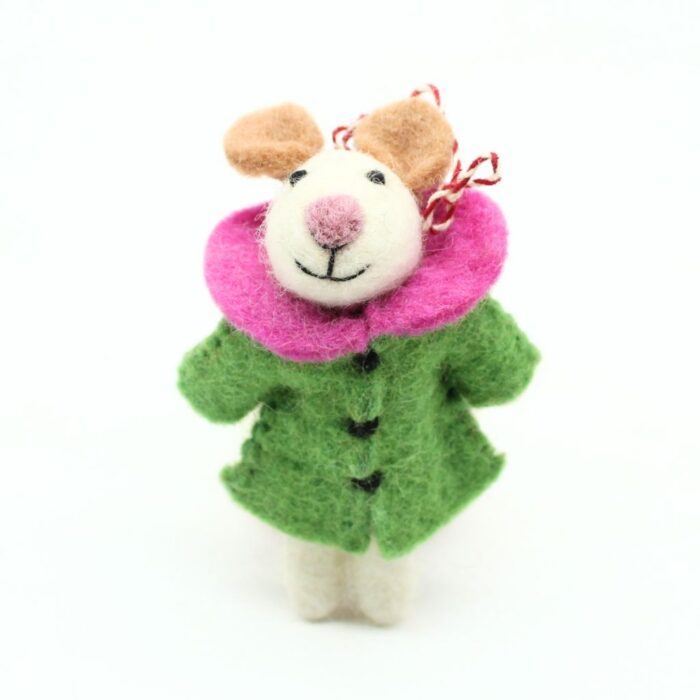 Handmade Felt Christmas Mouse with Green Coat and Pink Collar - Image 2