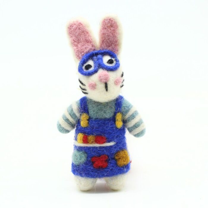 Handmade Felt Artist Bunny with Blue Apron and Glasses - Image 3
