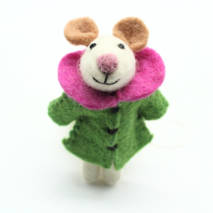 Handmade Felt Christmas Mouse with Green Coat and Pink Collar - Image 5