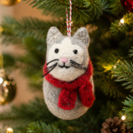 Handmade Felt Christmas Cat Ornament with Red Scarf