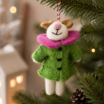 Handmade Felt Christmas Mouse with Green Coat and Pink Collar