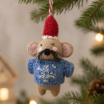 Handmade Felt Christmas Mouse Ornament with Blue Snowflake Sweater