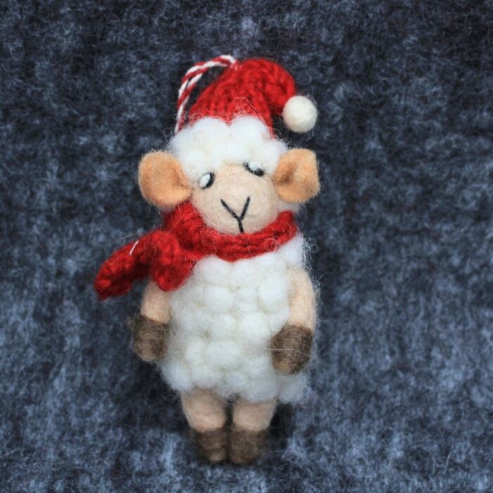 Handmade Felt Sheep Christmas Ornament with Santa Hat - Image 2